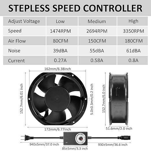 172mm DC 17251 Axial Ventilation Fan (3500RPM) - High-Speed Dual Ball Bearing Ventilator with Adjustable Speed for Arcade Systems, Server, Generator Box and DIY Exhaust Projects