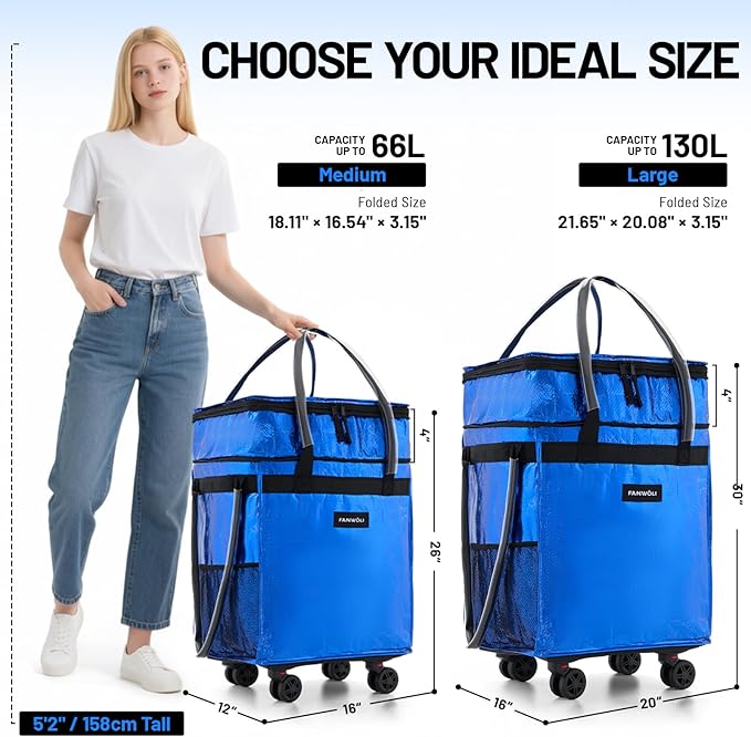 (Medium) Fanwoli Reusable Grocery Bag on Wheels with Upgraded Wrinkle-Resistant Fabric | Enhanced Stability Wheels & Extended Handle | Foldable Shopping Trolley for Laundry, Carries Up to 66 L
