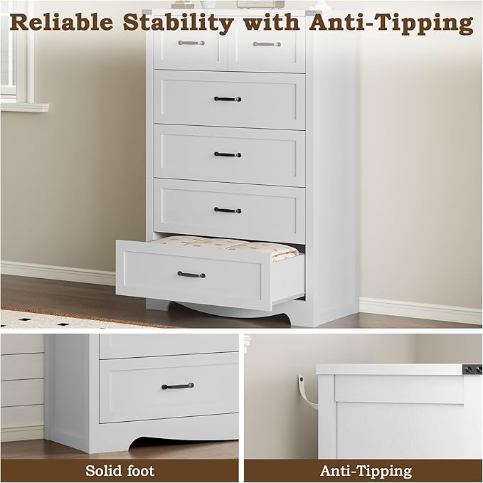 Tall 6-Drawer Dresser for Bedroom, Modern Wooden Chest of Drawers with Metal Handles, Anti-Tipping Design, Sturdy and Stable Storage Organizer for Living Room, Entryway, Home Office