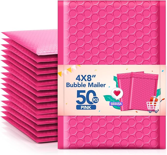 GSSSUSA Bubble Mailers 4x8 Inch 50 Pack Padded Envelopes Usable Size 4x7 Inch Shipping Envelopes Self Seal Small Packaging Shipping Bags for Mailing Jewelry, Small Business, Pink
