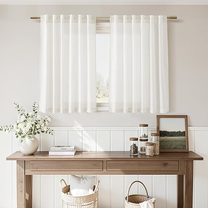 Nanspring 24 Inch Linen Curtains for Kitchen Beige White Small Window Semi Sheer Curtains Back Tab and Rod Pocket Light Filtering Drapes for Basement Short Cafe Curtain 26 x 24 Inch, 2 Panels