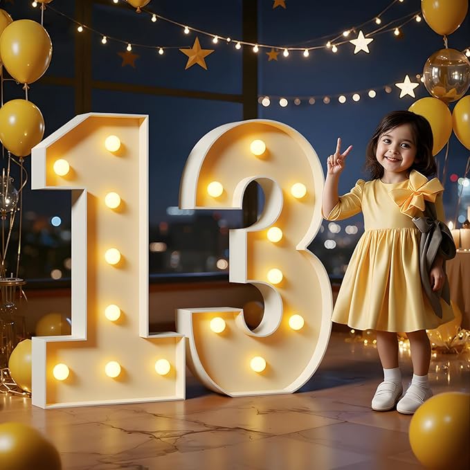 Marquee Numbers 3 Feet Tall Large Light Up Numbers 13th 13 Year Old Thirteen Birthday Decorations Big Yellow Light Outdoor Anniversary Decorations Balloon Arch Kit Party Backdrop 13