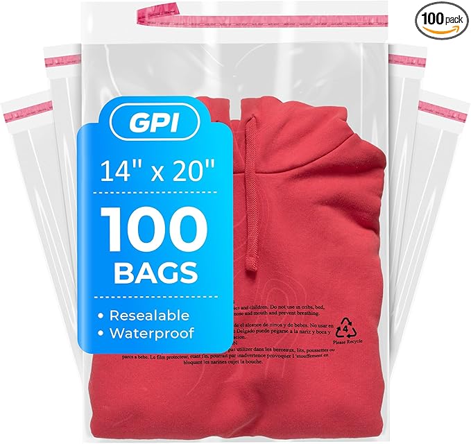 14" x 20" Self Seal Resealable Poly Bags - Case of 100, Peel & Seal Reclosable Polybags with suffoaction Warning and Adhesive Strip for Packaging & Shipping Clothes, Shirts & More - GPI