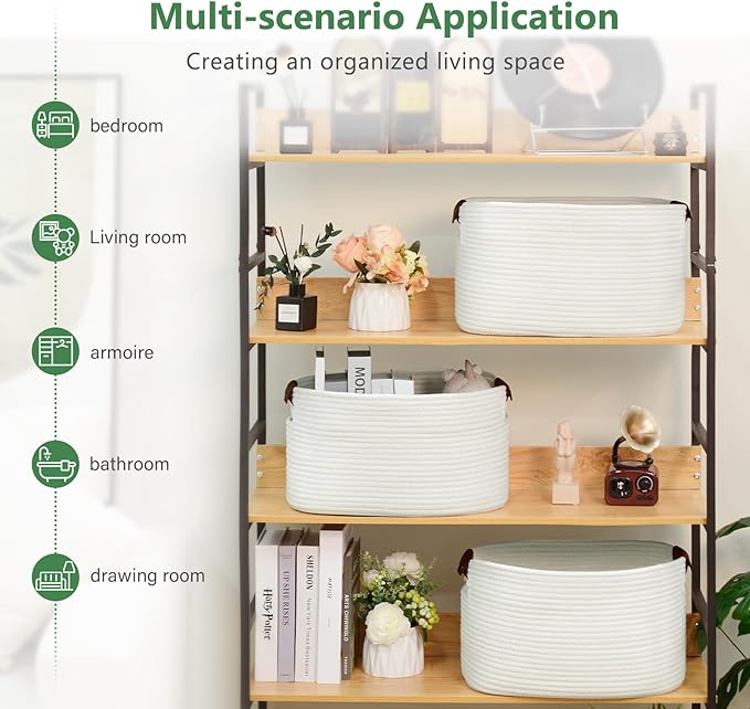 Cotton Rope Basket, Storage Baskets with Handle, 15x10x9 Inch Woven Basket for Shelves, Laundry, Towels, Clothes, Books (White 2Pack)