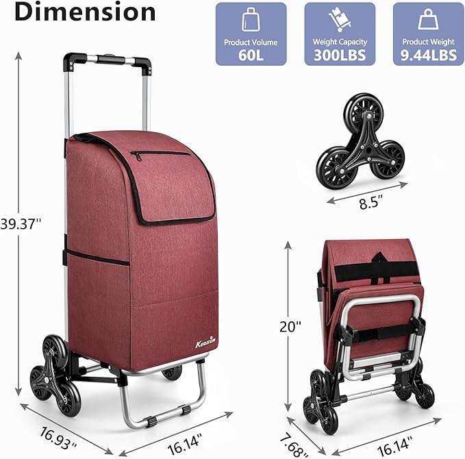 KEDSUM 2 in 1 Aluminum Alloy Stair Climbing Cart, 300LBS Grocery Cart on Wheels, Foldable Shopping Carts with Waterproof Oxford Red Bag for Groceries, Lightweight & Durable Aluminum Frame
