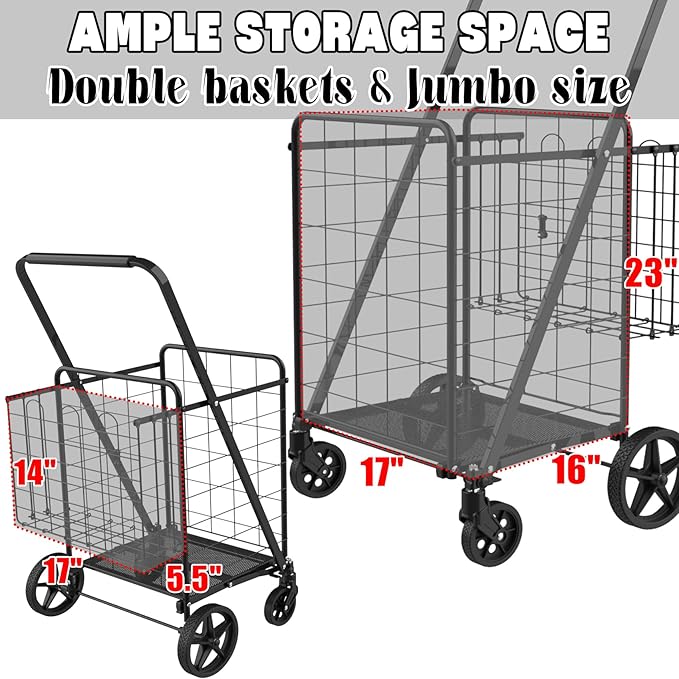 Foldable Shopping Cart with Waterproof Bag, 360° Swivel Wheels & Double Basket, 300lbs Capacity for Groceries, Heavy Duty Utility Grocery Carts for Shopping, Laundry, Camping, Luggage