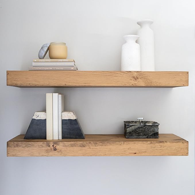 Urbandi Modern Floating Shelves 3 Inches Thick for Wall, Wide Shelves for Kitchen, Living Room, Bedroom, and Bathroom, Natural Pine Wood, Rustic Wooden Shelf, (Set of 2) (Aged Oak, 48Lx3Hx6D)
