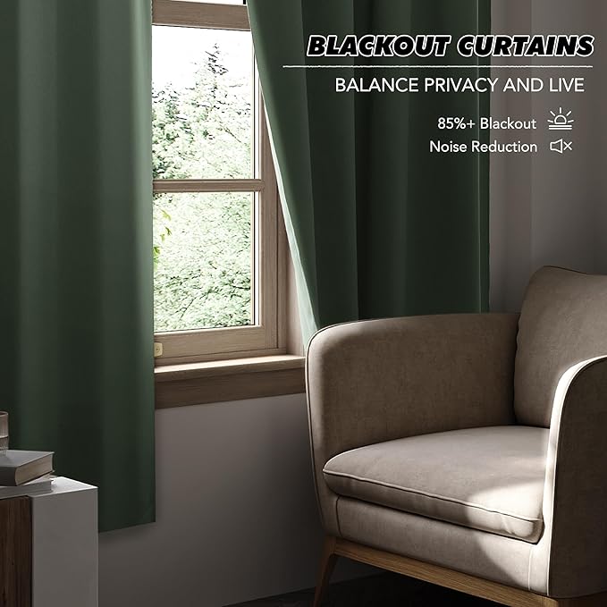 KGORGE Room Darkening Curtains 54 inch Length, Privacy Thermal Insulated Noise Reducing Small Window Treatments for Bedroom Living Room, Back Tab, 2 Panels, W52 x L54 inches, Dark Green