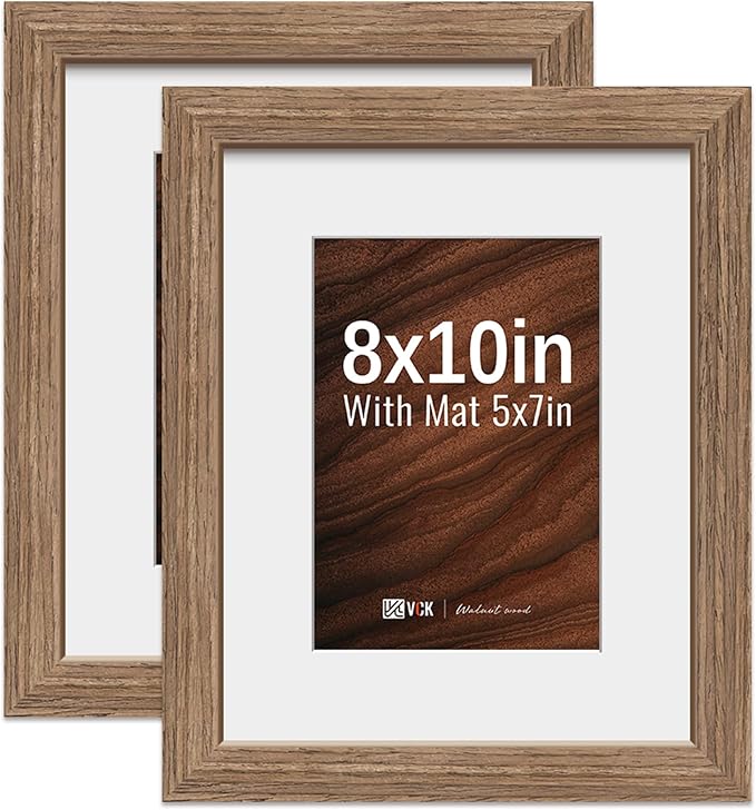 VCK 8x10 Picture Frame 2 Pack - Walnut, High-End Wood Poster Frames with Tempered Glass, Display 5x7 Photo with Mat or 8x10 without Mat, Art Gallery-Quality, Wall Hanging/Tabletop, Walnut