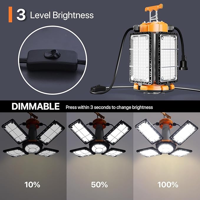 LED Temporary Work Light: 100W 15000Lumen with Brightness Adjustable Switch, 4 Deformable Panels Linkable Hanging Work Light, Portable 5000K Led Work Light for Workshop Construction Site Garage