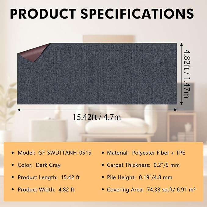 Marine Carpet,5 FT x 15 FT Dark Gray Indoor Outdoor Carpet 0.2" Thick Boat Carpet with Water-Proof TPE Backing, Non-Slide Outdoor Marine Carpet Roll for Home, Patio, Porch, Deck
