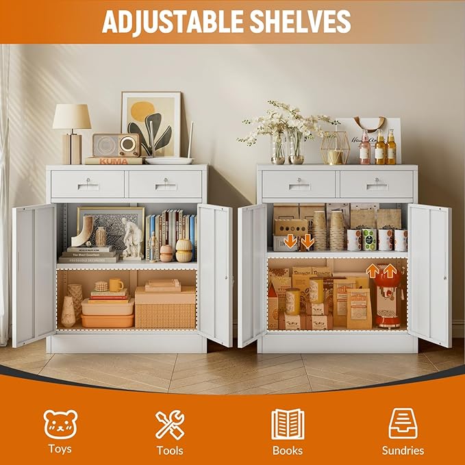 BESFUR Metal Storage Cabinet with 2 Lockable Drawers and 2 Lockable Doors, 36" H White Locking Storage Cabinet with Adjustable Shelf, Metal Cabinet for Home Office, Garage,School, Utility Room