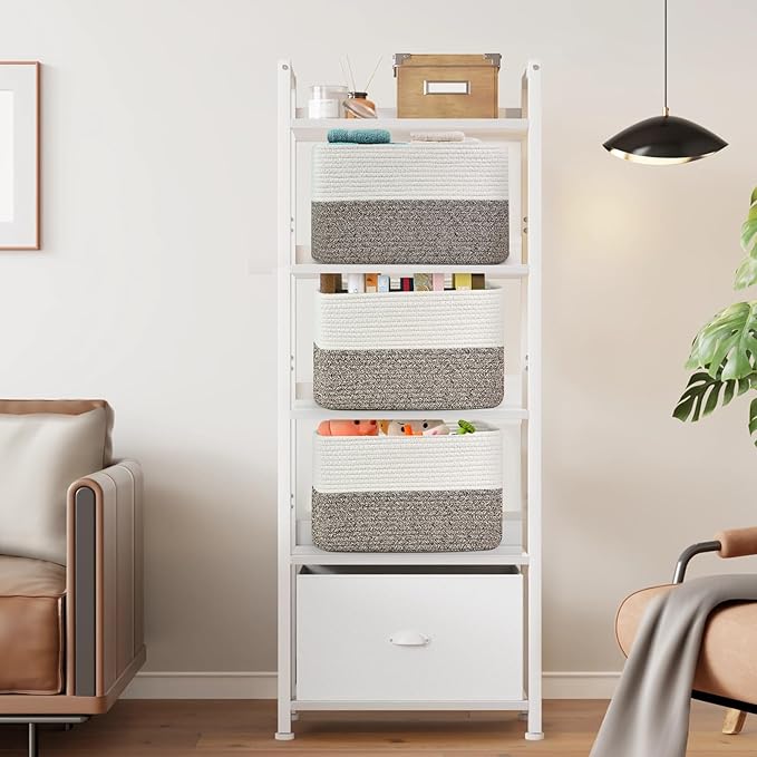 Shelf Woven Storage Basket, 15 x 10 x 9” Closet Rope Baskets For Organizing, Square Bins with Handles, White+Dark brown