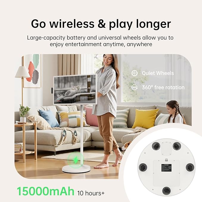 ApoloSign 32 inch UHD 4K Smart Portable TV Gen2, 16G +256G Storage, Android 15 OS, 15000mAh, Rolling TV on Wheels with Rotatable Touch Screen, Built-in Battery, Full Swivel Rotation, Voice Remote