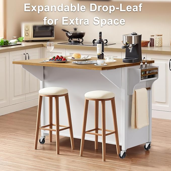 52" Retro Kitchen Island with Storage, Embossed Texture Kitchen Island on Wheels with Drop Leaf, Adjustable Shelf & Oak Veneer Tabletop, Spice/Towel Rack, White