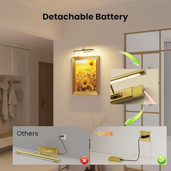 2 Pack 16" Brass Picture Art Lights - 6000mAh Rechargeable Battery Powered Wireless Lighting for Home Gallery, Office, Living & Bedroom