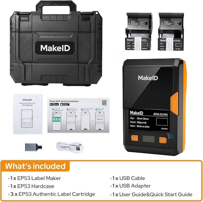 MakeID EP53 Label Maker with Hard Case, Portable Industrial 2" Print Head Bluetooth Label Printer, Mobile APP & PC Editor Compatible, 2000mAh Li-ion Battery, Come with 3 Label Cartridges for Job Sites