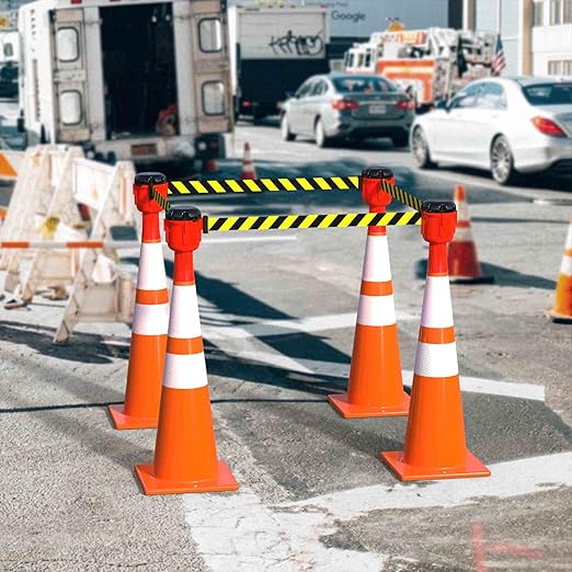 Cone-Mounted Retractable Belt Barrier with Orange Case and 25 Foot Black/Yellow Belt