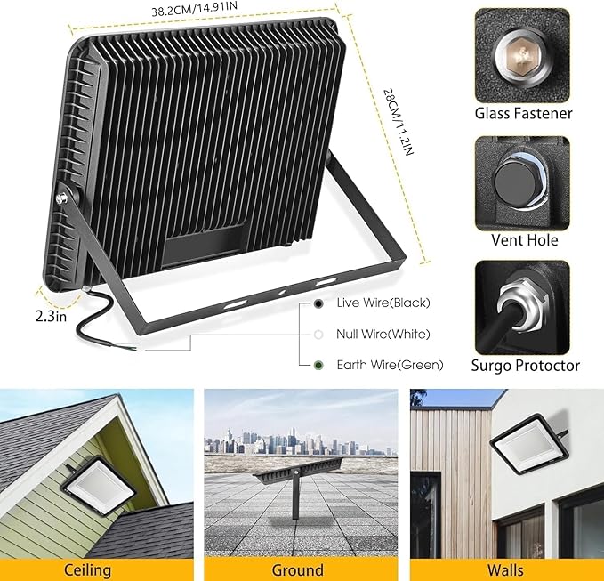 3 pack 300W LED Flood Light,Super Bright Daylight (2000W Equivalent)42,500LM 5000K IP66 Waterproof Security Outdoor LED Arena Lights Commercial Lighting Floodlight for Backyard|Court|Stadium|Yard
