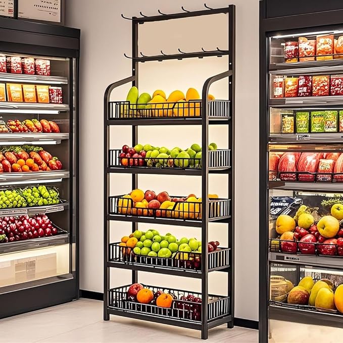 5 Tier Snack Rack Display Stand, Black Chip Rack Display Stand, Candy Display Rack with Hooks, Metal Retail Display Shelves for Store, Kitchen and Office