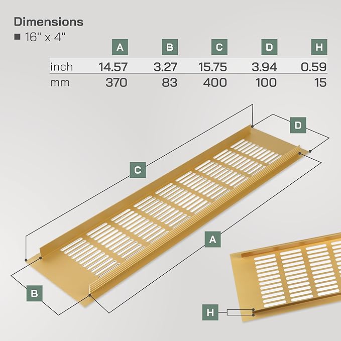 Vent Systems 16 x 4 Inch (Outer Dimensions) Air Supply Ventilation Grille - Gold Aluminum Rectangle Intake/Exhaust Door Vent Deflector - HVAC for Home Improvement Floor, Wall Duct Cover