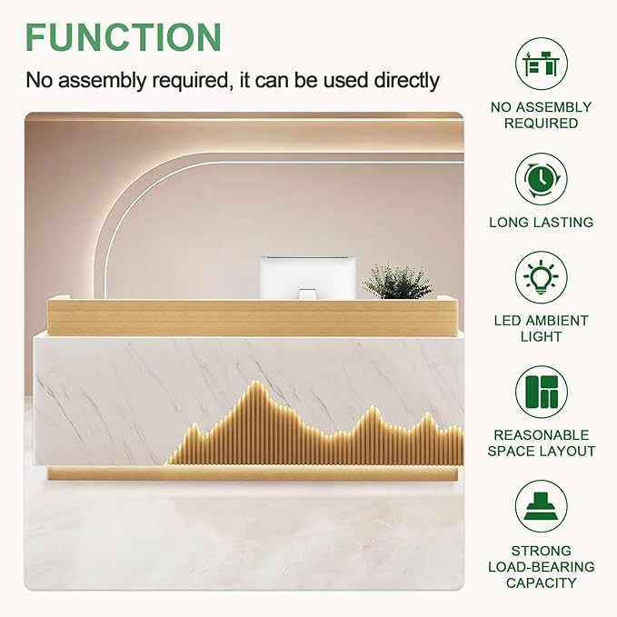 Modern Reception Desk with Counter Front Reception Table with Hidden LED Lighting Commercial Receptionist Desk Wood and White Checkout Counter Fully Assembled and Ready to Use 110inch/280cm