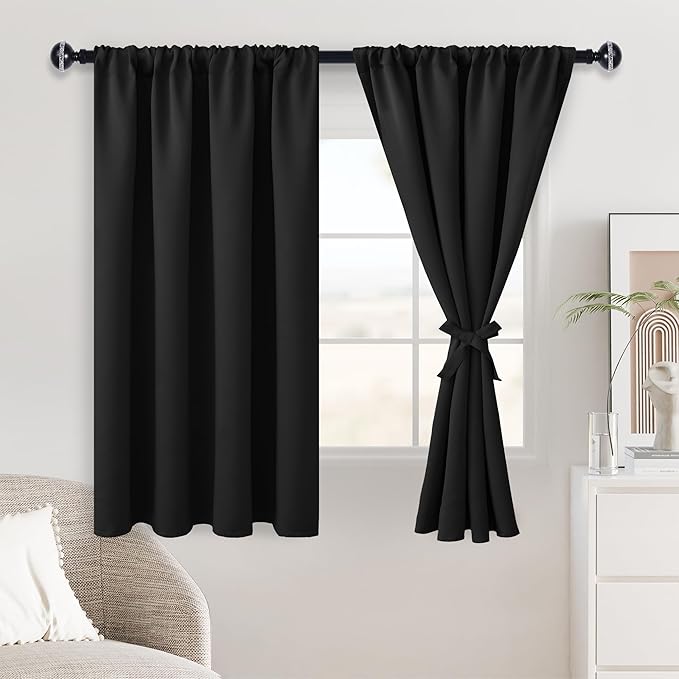 JIUZHEN Blackout Curtains for Bedroom– Thermal Insulated,Noise Reducing Room Darkening Privacy Drapes for Living Room, Set of 2 Panels with Tiebacks, 46 x 54 inch Long, Black