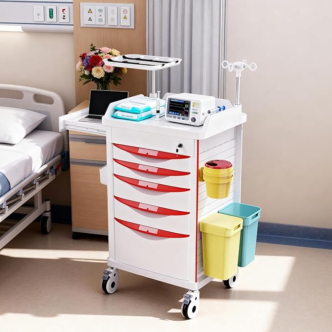 Medical Storage Crash Cart with Wheels - IV Pole, Silent Casters, Drawers with Dividers, Needle Disposal Holder, Trash Bin, O2 Holder, Emergency Mobile Cart for Clinic, Hospital, Nursing Center