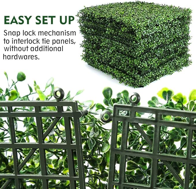 16PCS 20"x20" Artificial Boxwood Panels Topiary Hedge Plant UV Protected Faux Grass Wall Greenery Mats for Outdoor Garden Fence Backyard and Indoor Home Wedding Decoration, Dark Green