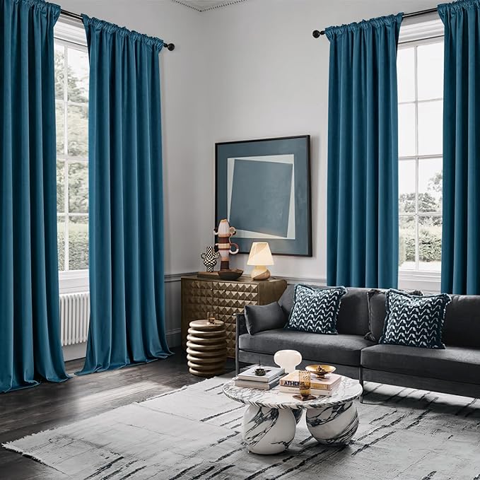MIULEE Velvet Curtains 90 Inches Long 2 Panels Set for Bedroom, Pinch Pleat Back Tab Luxury Thermal Insulated Living Room Darkening Drapes Pleated Blackout Window Curtains with Hooks, Peacock Blue
