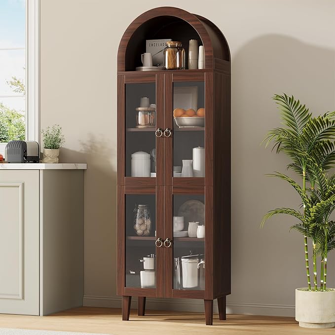 71” Tall Arched Pantry Cabinet with Glass Door, Display Cabinet Organizer, Versatile Pantry with Top-Opening Storage Container for Living, Kitchen Dining Room, Brown