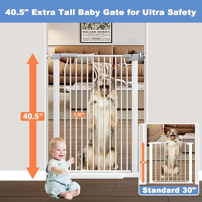 60.2"-65.7" Baby Gates Extra Wide, 40.5" Tall Dog Gate Indoor, Walk Through Pet Gates for Doorways Kitchen No Drilling Auto Close Pressure Mounted Safety Child Toddler Gate, White