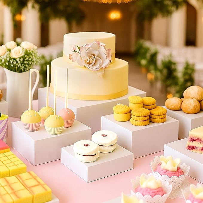 DomeStar 6PCS Buffet Risers and Stands Set, White Plastic Food Risers for Dessert Table Party Display - Cupcake, Cake, Fruit, Wedding Catering and Event Decoration