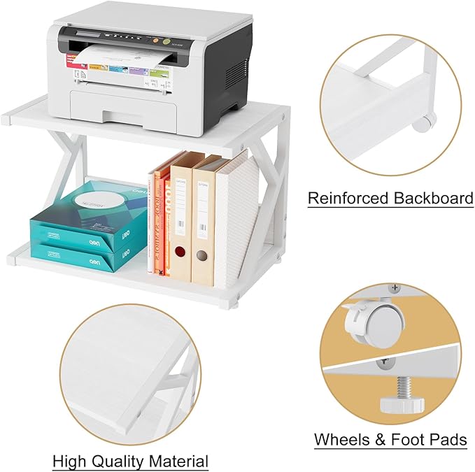 aboxoo Desktop Printer Stand with 2 Tier Wood Storage Shelves,Under Desk Printer Table,Multi-Purpose Home Office Desk Organizer for Fax Machine, Scanner (White)