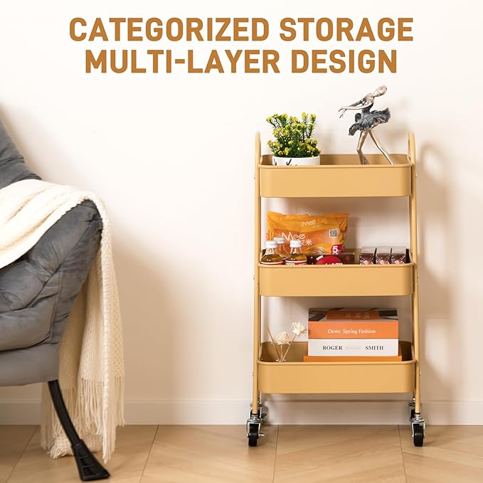 AGTEK 3-Tier Rolling Carts with Wheels, Rolling Utility Cart with Iron Frame for Kitchen, Plastic Shelves, Living Room, Office, Khaki
