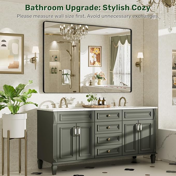 60X40 Black Bathroom Mirror for Over Sink, Metal Framed Vanity Mirror Wall Mounted, Rectangle Mirror for Bedroom Living Room Restroom Entryway, Anti-Rust, HD Tempered Glass