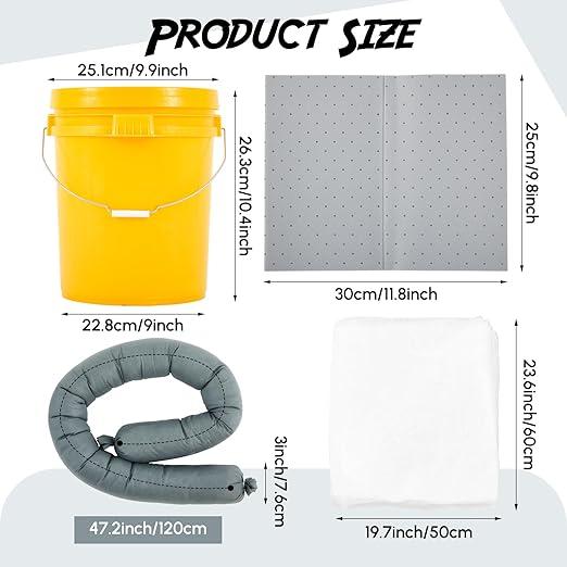 29 Pcs Universal Spill Kit Portable Complete 2.6 Gallon Spill Kit, Absorbs Oils Water and More, Yellow Bucket, 20 Absorbent Pads, 2 Pcs 3" x 4' Sorbent Socks, 5 Disposal Bags, PVC Gloves