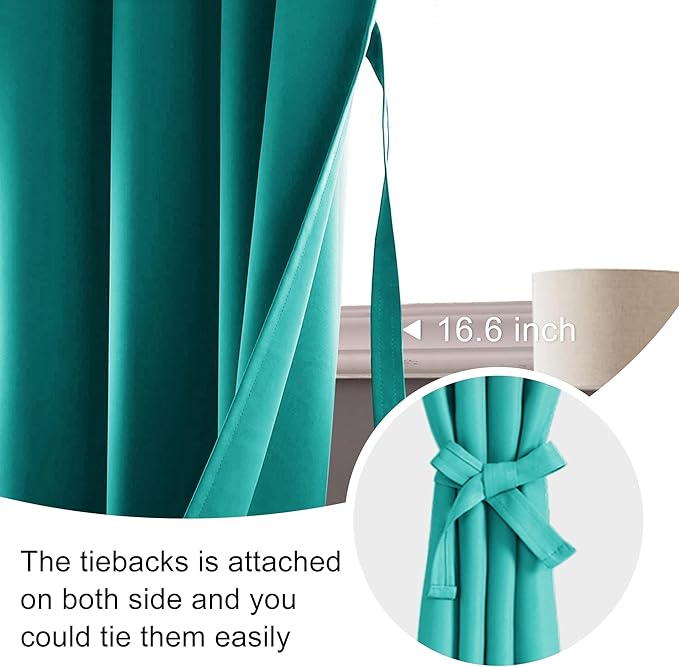JIUZHEN Blackout Curtains - Thermal InsulatedSoundproof Energy Saving Light Blocking Short Curtain for Living Room,Bedroom, Set of 2 Panels with Tiebacks, 42 x 45 inches Long,Peacock Blue