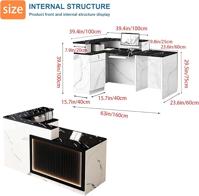 L-Shaped Reception Desk with Counter LED Light and Lockable Drawers and Storage Tall Modern Front Desk Reception Counter for Checkout Lobby Beauty Salon D Right 63inch/160cm