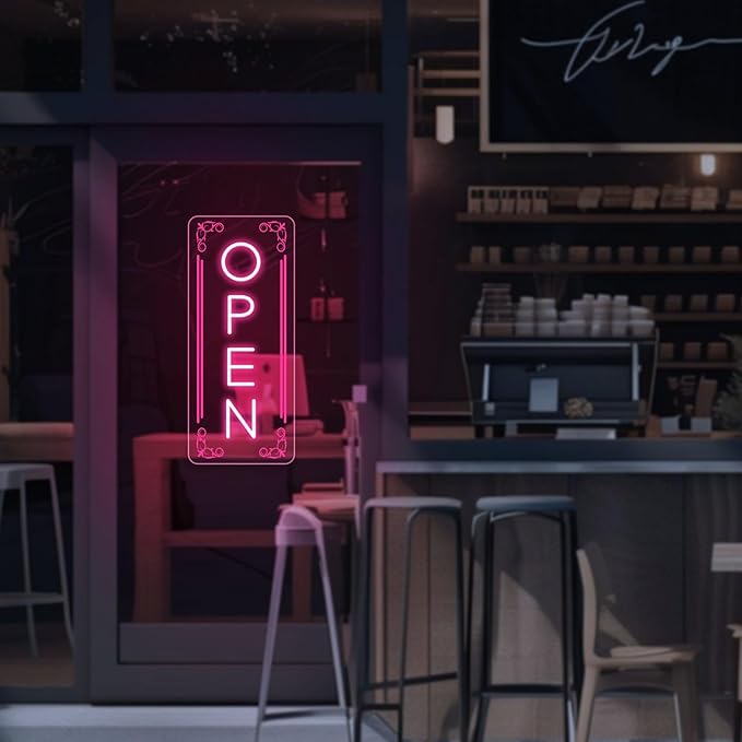 Vertical LED Open Signs for business – Super Bright - UV Printing Pattern, Remote Included - Large Size 18x45'' - Neon Open Sign for Café, Bar, Shop & Business Sign (Pink)