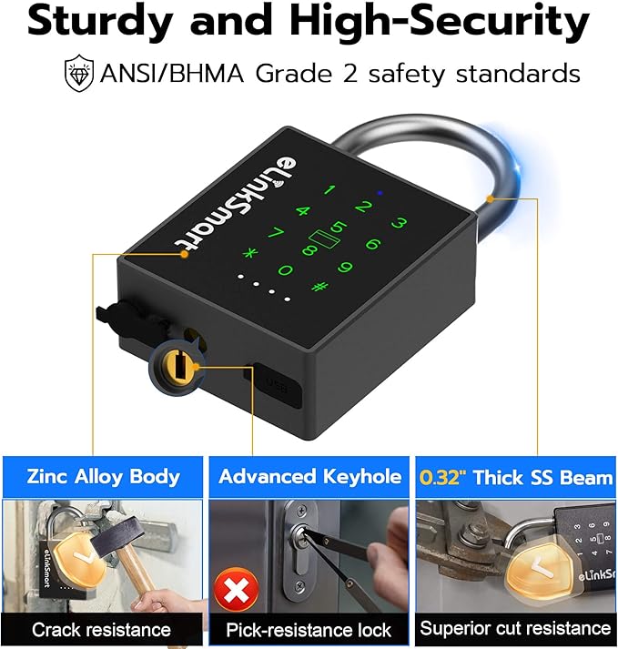 eLinkSmart Heavy Duty Smart Padlock with Key, Pad Lock with Code Keypad, Weatherproof Bluetooth RFID Keyless Electronic Digital Combination Lock for Gate Outdoor Fence Storage Unit Locker Shed Pool