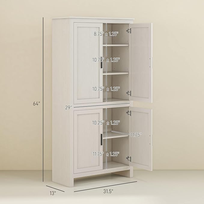 HOMCOM 64" Kitchen Pantry Cabinet, Freestanding Storage Cabinet with 4 Doors and 3 Adjustable Shelves for Dining Room, Antique White