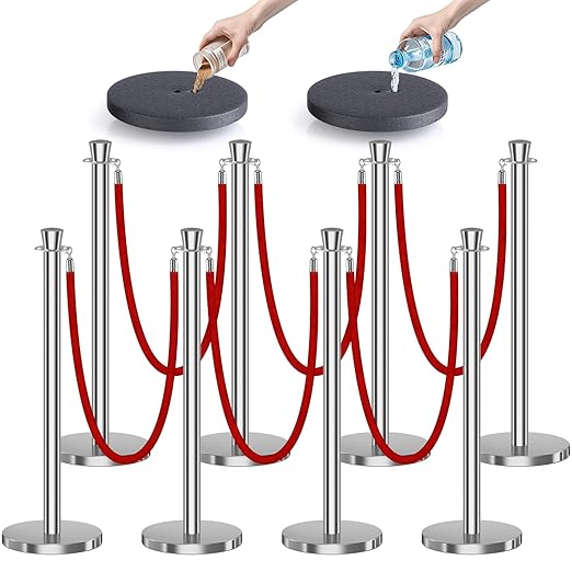 kaiyomi 8Pcs Stanchions with Red Velvet Ropes Set, 5 Feet Velvet Ropes and Posts Poles for Red Carpet Party Decoration and 360° Photo Booth (Silver)
