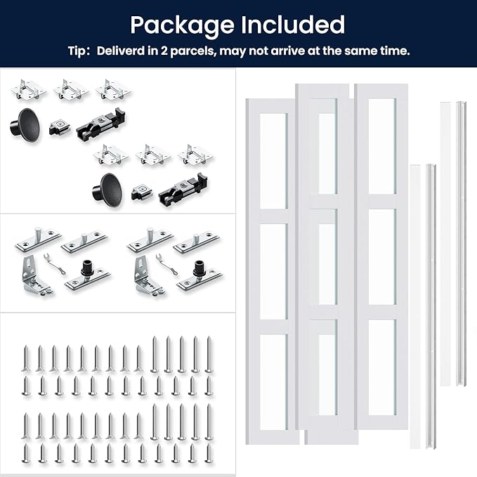 Bifold Doors for 56" x 80" Opening, 3-lite Tempered Frosted Glass Closet Folding Doors with Hardware kit Included, Easy Assembly, White