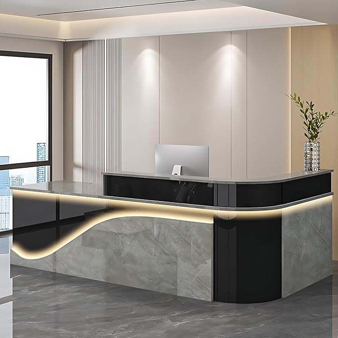 Modern Reception Desk – Front Desk, Reception Counter for Office, Checkout Counter, LED Lighting, Storage, Soft Close Drawers, Custom Logo, Fully Assembled (D,116IN)