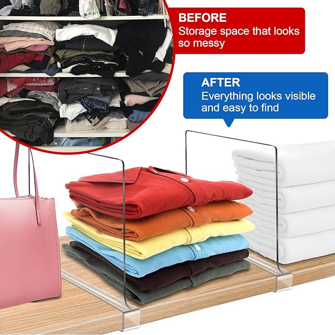 Acrylic Shelf Dividers for Closet Organization 4PCS Closet Shelf Divider Closet Dividers for Shelves Shelf Organizer for Closet Shelf Organizer for Wood Closet Separator Clear