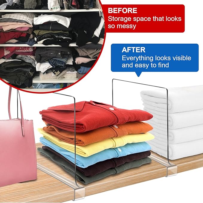 Acrylic Shelf Dividers for Closet Organization 6PCS Closet Shelf Divider Closet Dividers for Shelves Shelf Organizer for Closet Shelf Organizer for Wood Closet Separator Clear