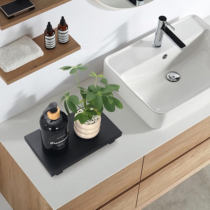 Black Wooden Bathroom Tray Decorative Kitchen Countertop Trays Farmhouse Wood Riser Pedestal Stand Dish Soap Dispenser Holder for Kitchen Counter Bathroom Sink Organizer Accessories Decor Vanity Tray