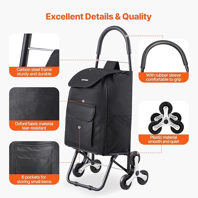 VEVOR Stair Climber Cart, 36L Capacity, Grocery Cart Laundry Stair Climbing Handcart with 6 Wheels & Oxford Cloth Bag, Foldable Stair Climber Hand Truck for Grocery Laundry, Black
