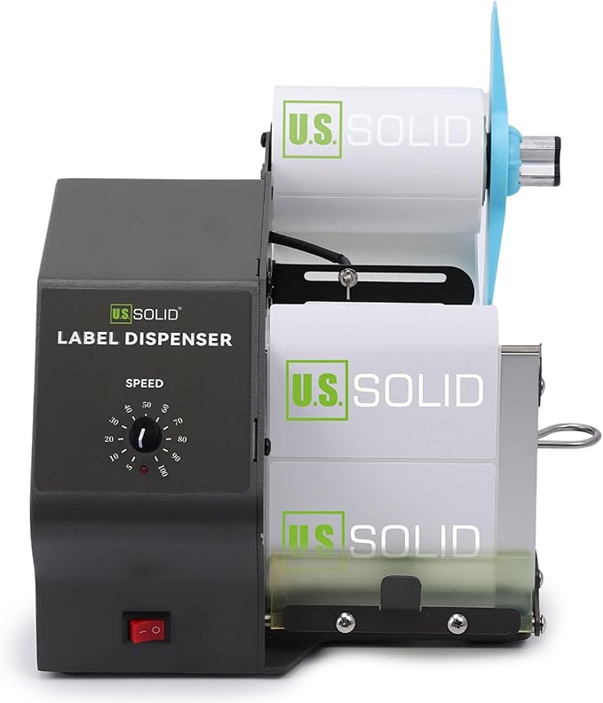 U.S. Solid Automatic Label Dispenser for Long Rolls and Fanfold Labels - Transparent and Opaque - Adjustable Speed - Core Sizes 1", 1.5", 3" - Width 0.2-4.7 in - Max. Roll 11 in